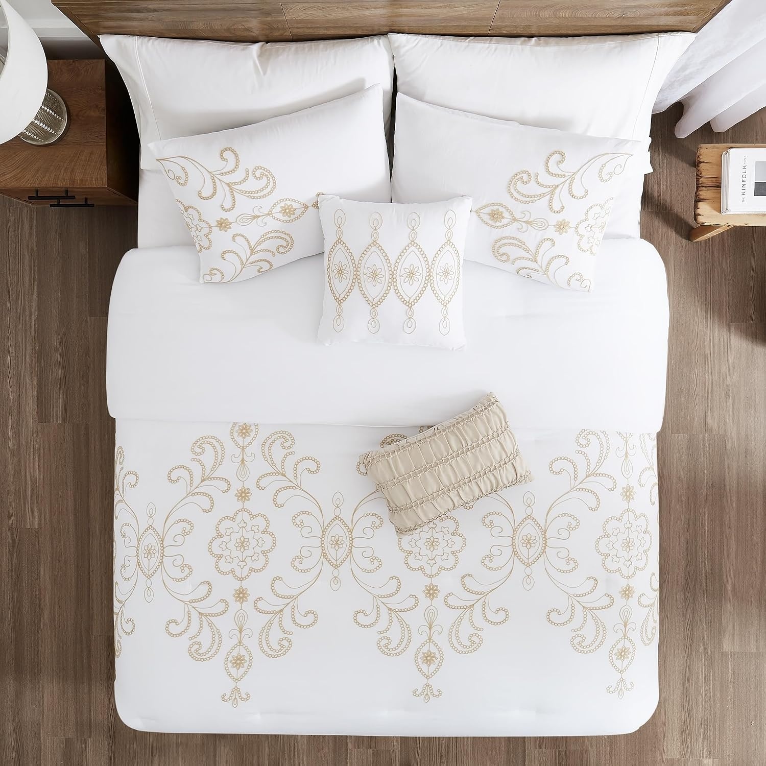 image:imageModern Threads Hunter Gray Jacquard Comforter Set 5 Piece Heathered Light Gray Bed Set with Decorative Pillows amp Shams Textured Soft Bedding for All Seasons QueenWhite With Gold Embroidery