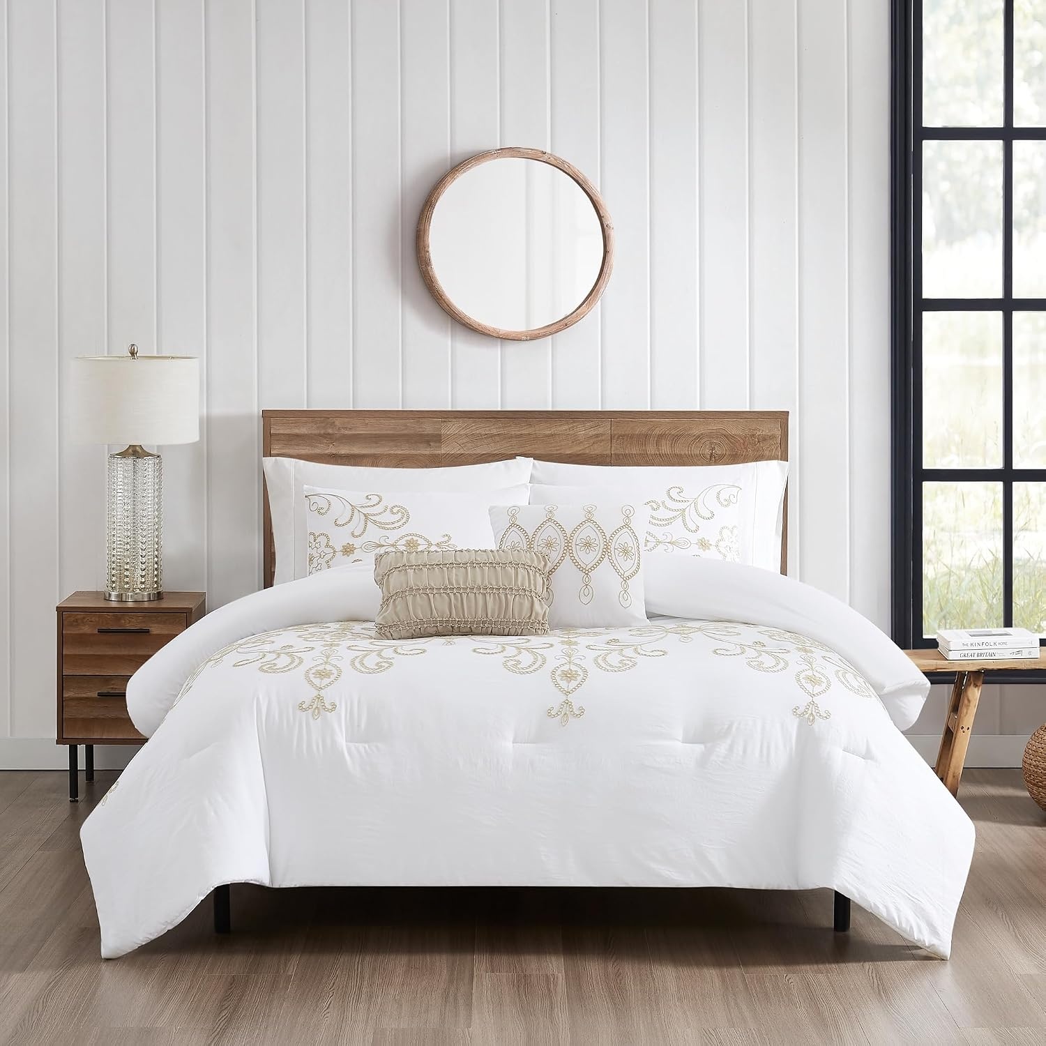 image:imageModern Threads Hunter Gray Jacquard Comforter Set 5 Piece Heathered Light Gray Bed Set with Decorative Pillows amp Shams Textured Soft Bedding for All Seasons QueenWhite With Gold Embroidery