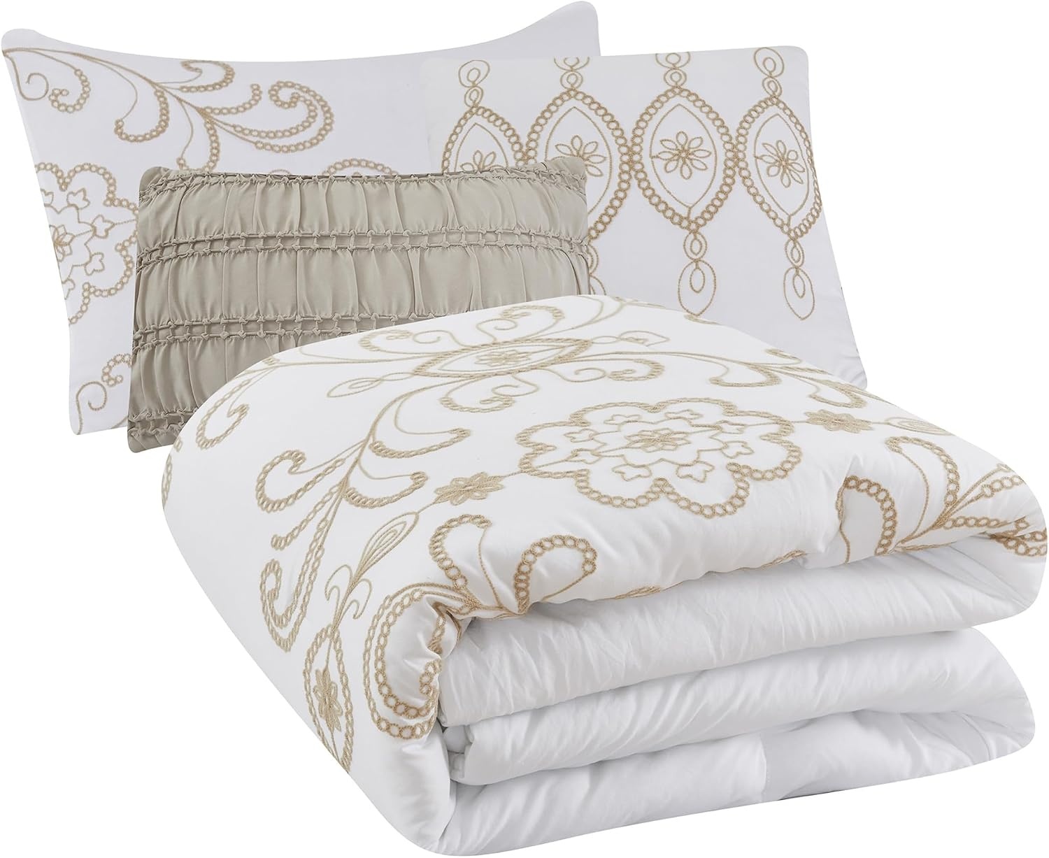 image:imageModern Threads Hunter Gray Jacquard Comforter Set 5 Piece Heathered Light Gray Bed Set with Decorative Pillows amp Shams Textured Soft Bedding for All Seasons QueenWhite With Gold Embroidery