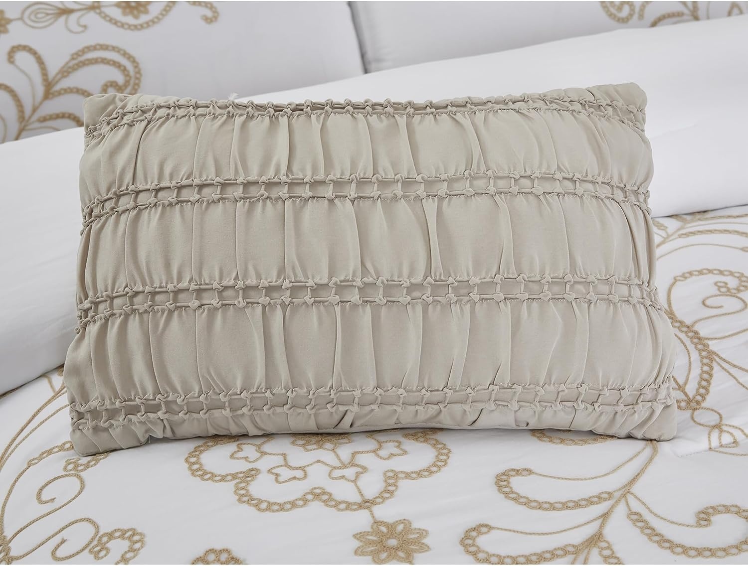 image:imageModern Threads Hunter Gray Jacquard Comforter Set 5 Piece Heathered Light Gray Bed Set with Decorative Pillows amp Shams Textured Soft Bedding for All Seasons QueenWhite With Gold Embroidery