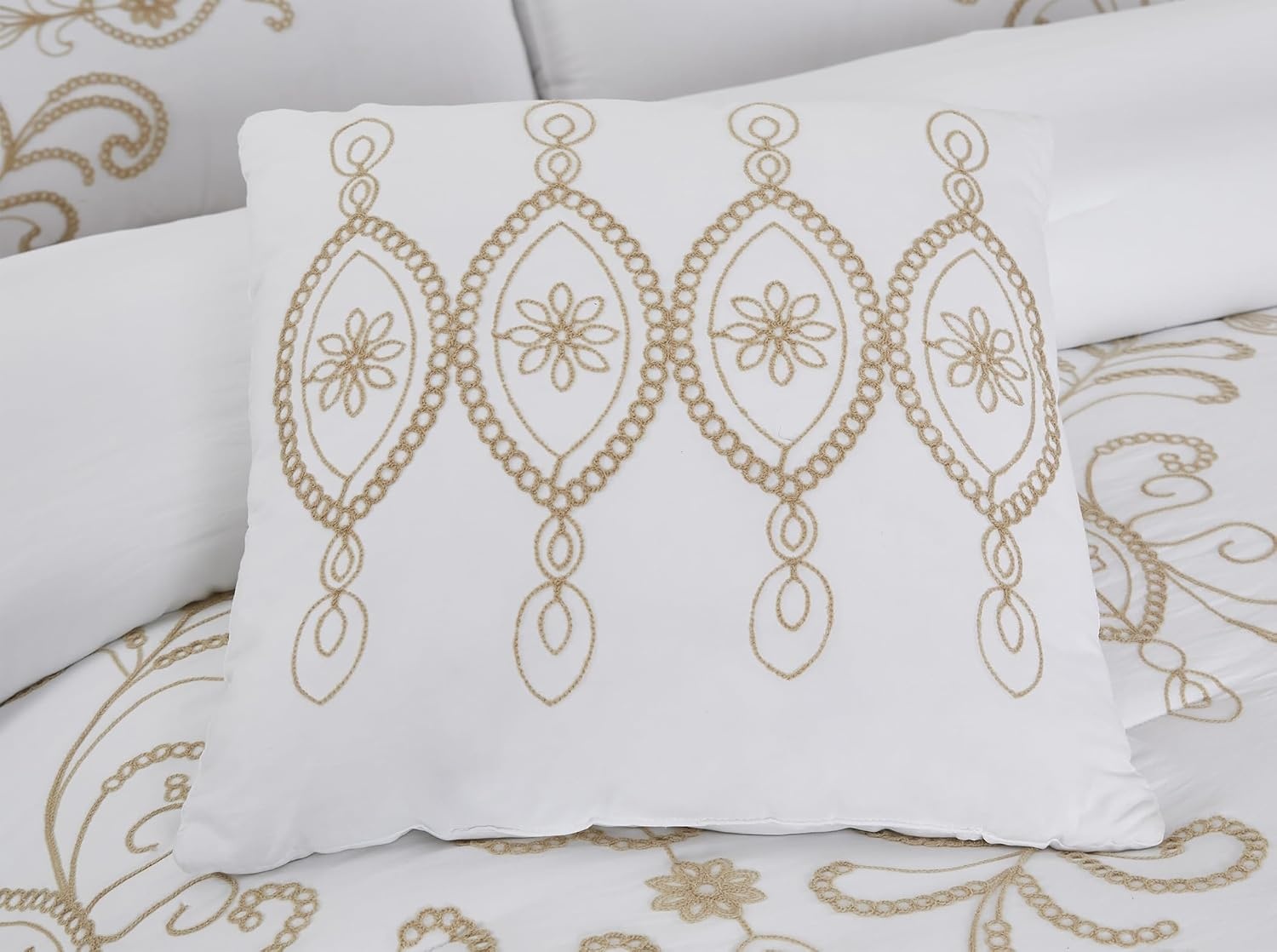 image:imageModern Threads Hunter Gray Jacquard Comforter Set 5 Piece Heathered Light Gray Bed Set with Decorative Pillows amp Shams Textured Soft Bedding for All Seasons QueenWhite With Gold Embroidery